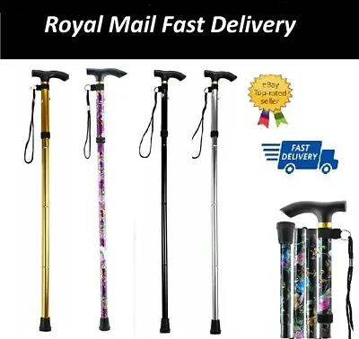 Folding Walking Stick In Multi Colour And Design Grip Handle Height Adjustable • £8.99