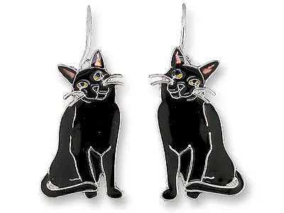 Marilyn Grame Silver Plated Black Kitty Cat Dangle Earrings By Zarah • $25.99