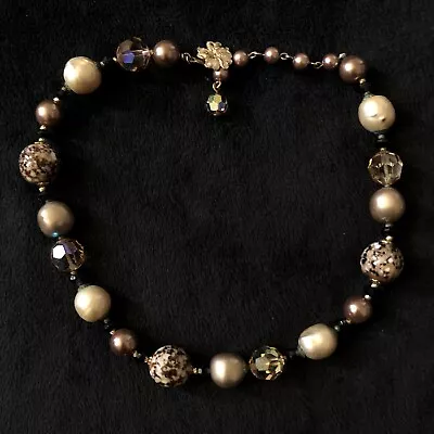 Vintage Vendome Marbled Brown & Faceted AB Bead Goldtone Necklace • $20