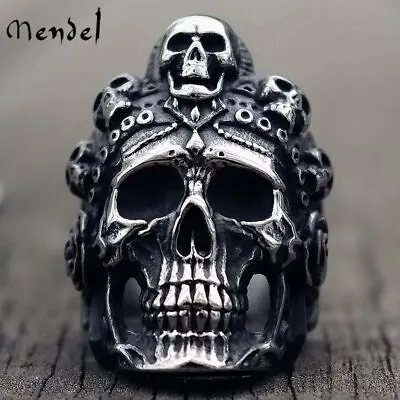 MENDEL Stainless Steel Big Mens Gothic Biker Skull Ring For Men Silver Size 8-15 • $11.99