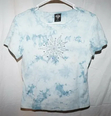 Prana Large Acid Wash Dye Light Blue Simple Mandala Rhinestone Short Sleeve T  • £7.14