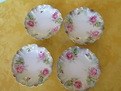 4 Vintage RS Prussia 5 Inch Berry Bowl Pink Rose Gold Scroll Trim Scalloped • $45