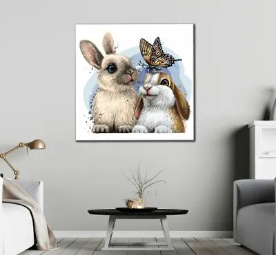 Square Canvas Rabbits & Butterfly Painting High Quality Australian Made Quality • $299.89