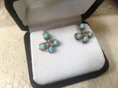 $26 • Buy Zuni Sterling Silver Blue Teardrop Turquoise Flower Post Earrings New