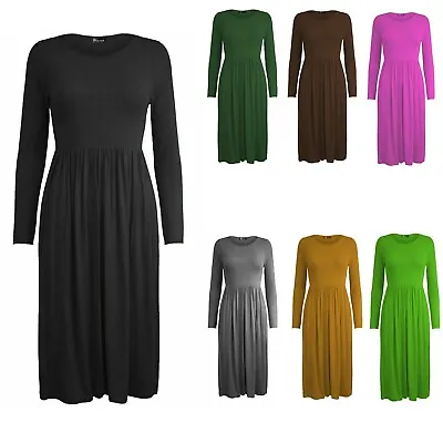 Ladies Women Frankie Swing Dress Flared Skater Jersey Long Sleeve Midi Plus 8-26 • £6.29