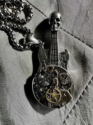 Steampunk Skull Guitar Standstill Timepiece Pendant • $45