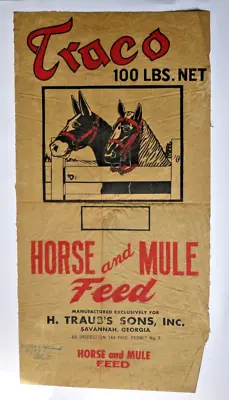X LARGE Vintage Paper Sack Bag HORSE & MULE FEED TRAUB'S SONS SAVANNAH 1967 • $40