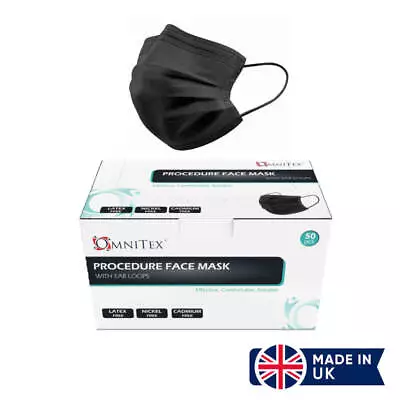 Omnitex Black Type IIR Face Masks Ear Loops In Pack Of 50 - Made In The UK • £7.99