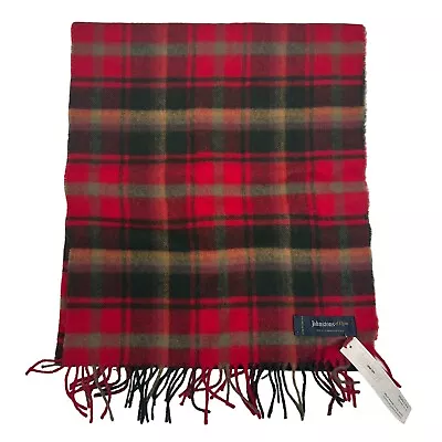 Johnston Of Elgin Scotland Scarf 100% Lambswool Fringe Red Beige Plaid NEW • $39.94