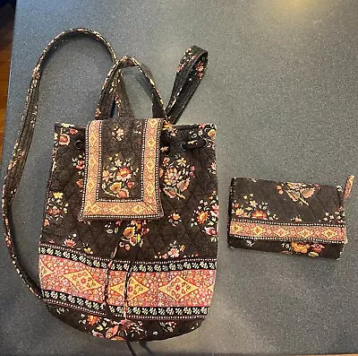 Vera Bradley Drawstring Backpack And Tri-fold Wallet Combo Chocolat Floral • $22
