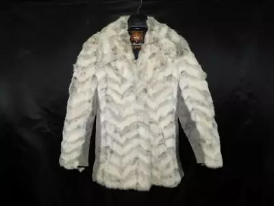Vintage 70s Alexida S White Gray Rabbit Fur Coat Suede Sleeve Sides Hippie Disco • $74.94
