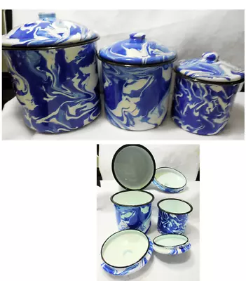 NEW Blue White Splatter Enamel 3 Pc Nesting Small Canister Set Chic Farm House • $25