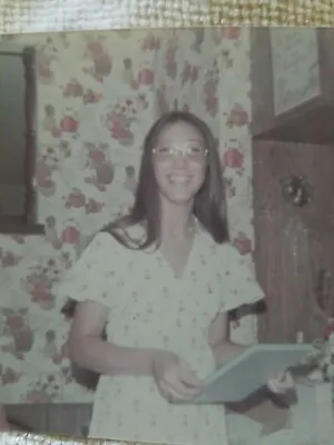 Original Vintage Photo Pretty Smiling Girl Retro 70s Glasses Kitchen Snapshot • $6.80