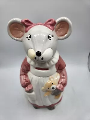 Vintage Ceramic 12 Cookie Jar Mouse Holding Teddy Bear In Apron • $14.75