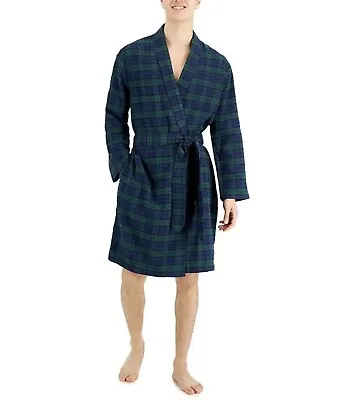 Club Room Plaid Flannel Mid-Length Lightweight Men's Belted Bathrobe Navy S/M • $27.99