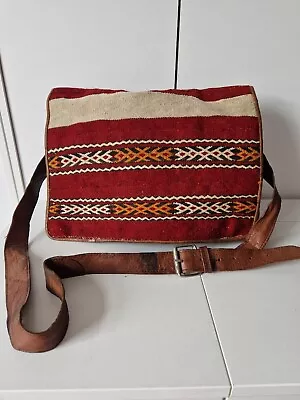 Vintage Ethnic Furniture Shoulder Bag Laptop Holder Genuine Leather Brown Woven • £28