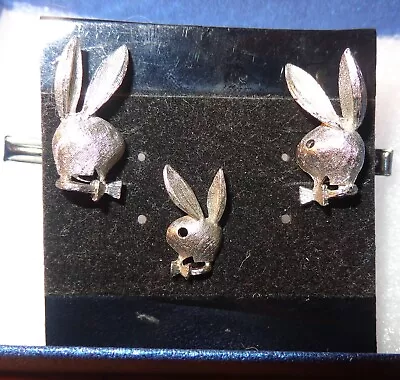 Vintage 1970's Playboy Bunny Cuff Links Cufflinks & Tie Pin 3 Pc Set Silver Tone • $63.95