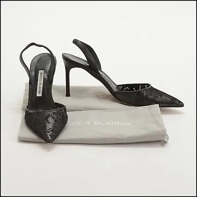 RDC13777 Authentic MANOLO BLAHNIK Black Leather Slingback Carolyne Heels Size 8 • $175