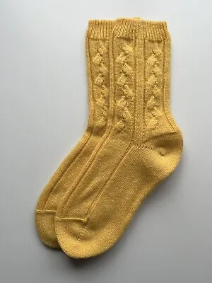 100% Pure Cashmere Mustard Yellow Thick Cable Knit Ladies Bed Socks Size 4-7 • £25.99