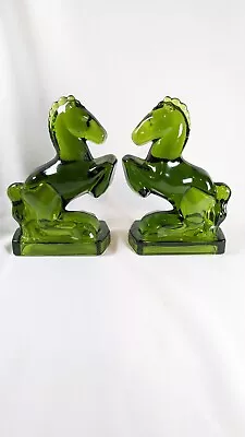 2 L.E. Smith Horse Stallion Bookends VTG 8  Glass Green Pair VTG Mid-Century LE • $60