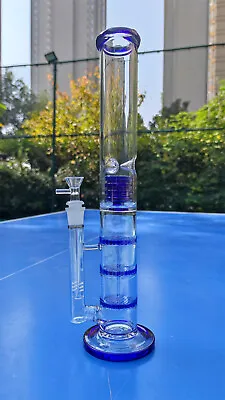$44.99 • Buy 16 Inch Blue Glass Bong 3 Layers Filter Water Pipes 14mm Joint Smoking Bubbler