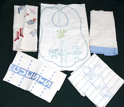 Vintage Lot Of 5 Fingertip Hand Guest Tea Towels Bibs Linen Cotton Embroidered • $14.99
