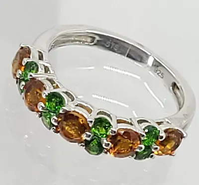 STS Mandarin Garnet & Green Chrome Diopside Sterling Silver Half Eternity Ring • $39.99