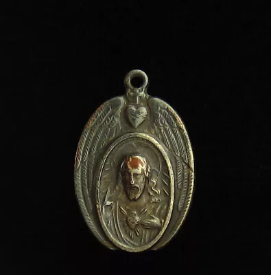 Vintage Sacred Heart Of Jesus Medal Angel Wings Catholic Petite Medal Small Size • $7.99