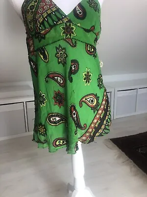 Daslu Pure Silk Kaftan Vest Top Green Embellished 36 8 10 Netaporter • $22.20