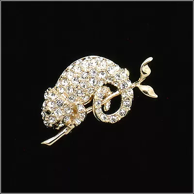 Chameleon Reptile On Tree Brooch Pin Costume Jewel Crystal Clear 18k Gold Plated • $9.35