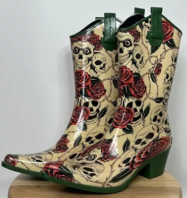NOMAD YIPPY Western Womens's SKULLS & ROSES 11M STEAMPUNK RAIN BOOTS NWOB • $56