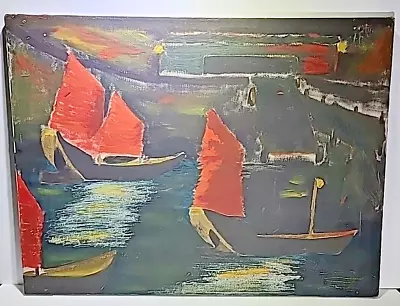 Vtg Expressionism Chinese  MOON Hong Kong NIGHT Harbor Oil Painting Canvas • $299