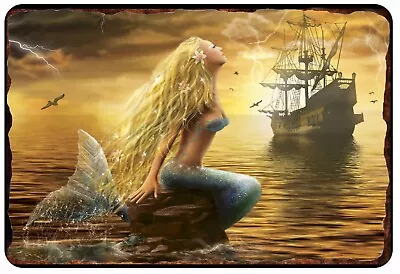 Naked Mermaid At Sea R All Metal Tin Sign  8 X 12 • $14.95