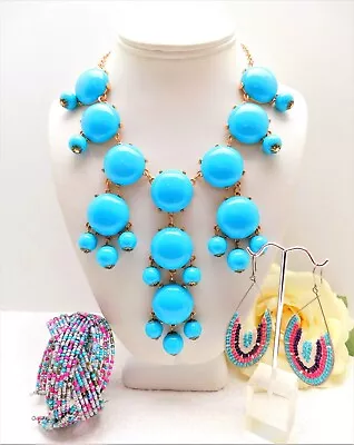 $16.99 • Buy Vtg Southwestern Turquoise Bubble Necklace, Seed Bead Bracelet & Earrings Set
