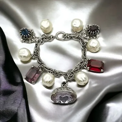 Vintage Etruscan Revival Chunky Jeweled Charm Bracelet Silver Tone Japan 1950s • $75