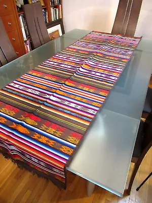 Mexican Maya Aztec Colorful Fringed Table Runner 64  X 19  - Made In Mexico • $42.33