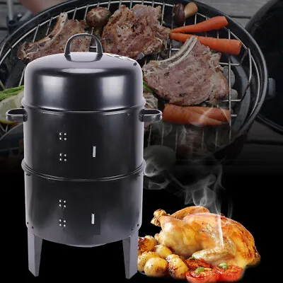 3 In 1 Garden BBQ Smoker Round Charcoal Barbecue Grill Garden Cooking Oven UK • £62
