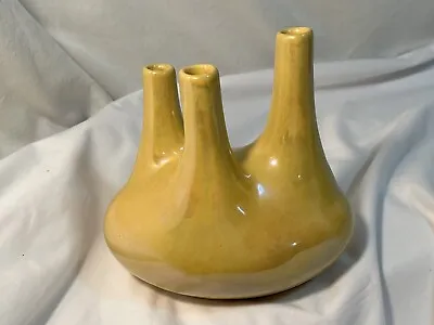 Mid Century Modern Triple Stem Neck Vase Ikebana Ceramic EXC Studio Art Yellow • $89.99