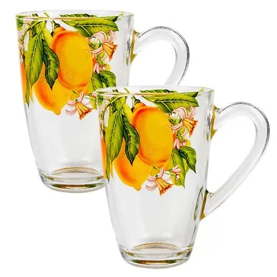 SET OF 2 LEMONS Glass Mug Tea Cup Tea Coffee Cup Teacup High Quality 11 Oz Ea • $18.95