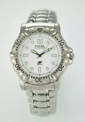 Fossil Watch Men Stainless Silver Steel Water Resistant 50m White Battery Quartz • $34.95