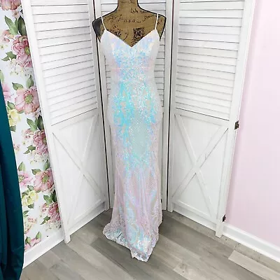 Jules & Cleo Iridescent Sequin Mermaid Sheath Maxi Dress White Juniors 2 Formal • $160