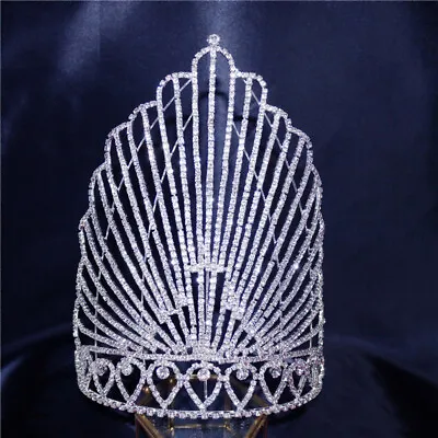 22cm Tall Crystal Huge Tiara Crown Queen Wedding Bridal Pageant Princess Prom • £35.99