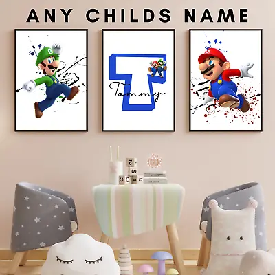 £6.99 • Buy Set Of 3 Personalised Super Mario Bros Wall Art Poster Print Boy / Girl Gift UK