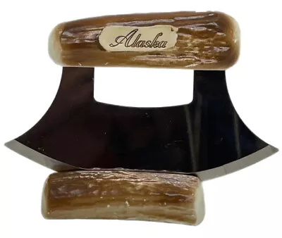 Vintage Alaska Ulu Knife With Stand & Manual Chopping Faux Antler Handle • $11.38