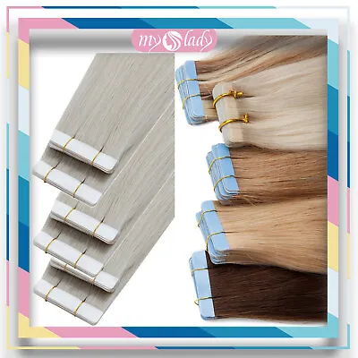 Seamless Tape In Hair Extensions 100% Remy Real Human Hair Skin Weft Cyan White • $91.76