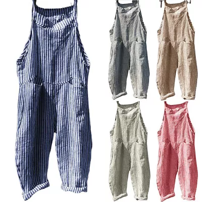 £12.09 • Buy Womens Striped Dungaree Jumpsuit Harem Pants Baggy Overalls Playsuit Trousers