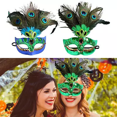 Peacocks Feather Masque Makeup Ball Half Masque With Sequins Feathers Trusted • £8.73