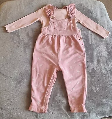 NEXT Girls Pink Long Sleeve Top & Bunny Rabbit Dungarees Outfit 12-18 Months 1/2 • £4.20