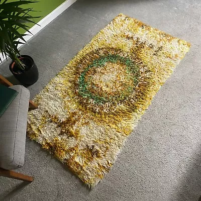 £280 • Buy Vintage 60s Rya Rug In Cream, Gold And Green Tones Rectangular
