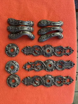 P.E Guerin Vintage Ornate Brass Door Handles With Escutcheon Backing Plate S Lot • $139.99
